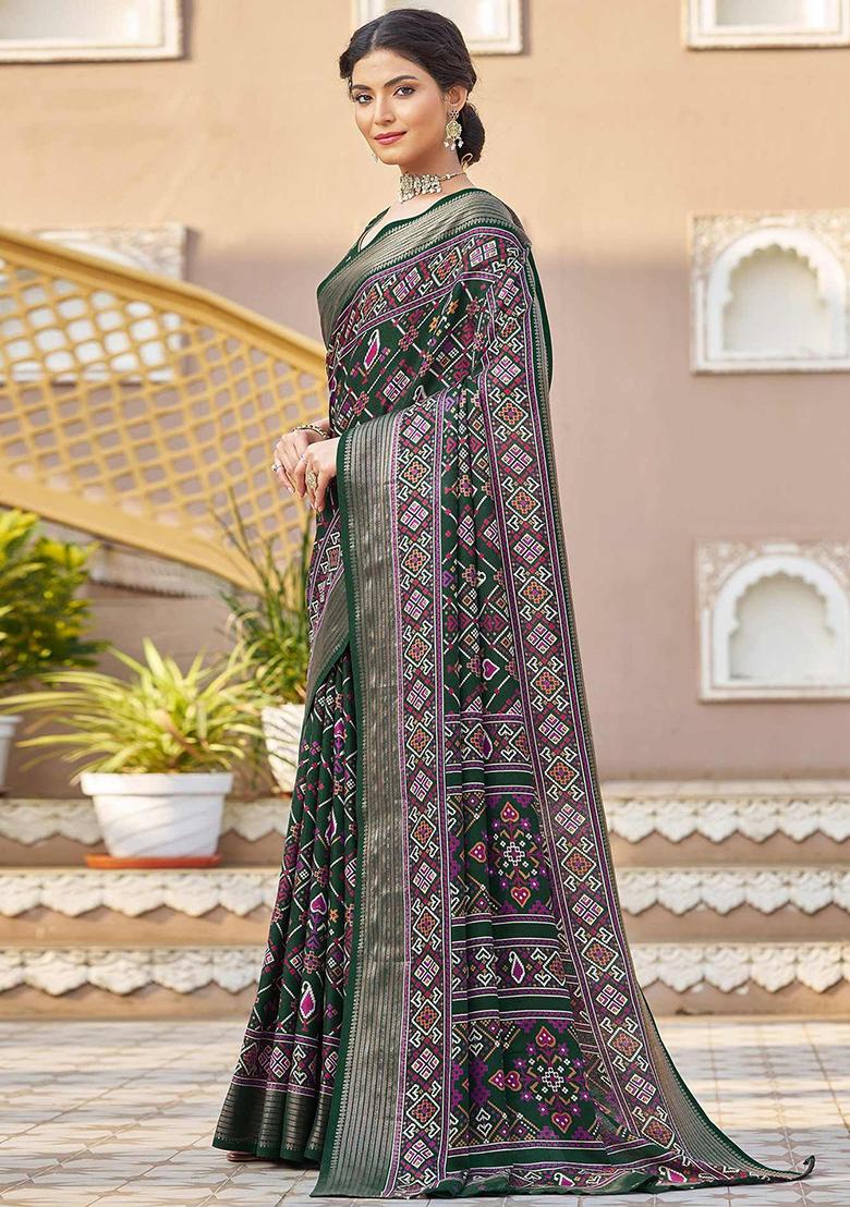 Green Patola Print Silk Saree Set With Belt