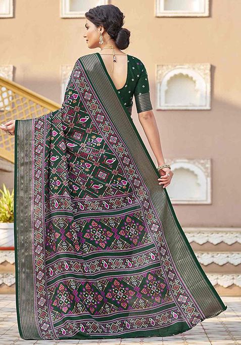 Green Patola Print Silk Saree Set With Belt