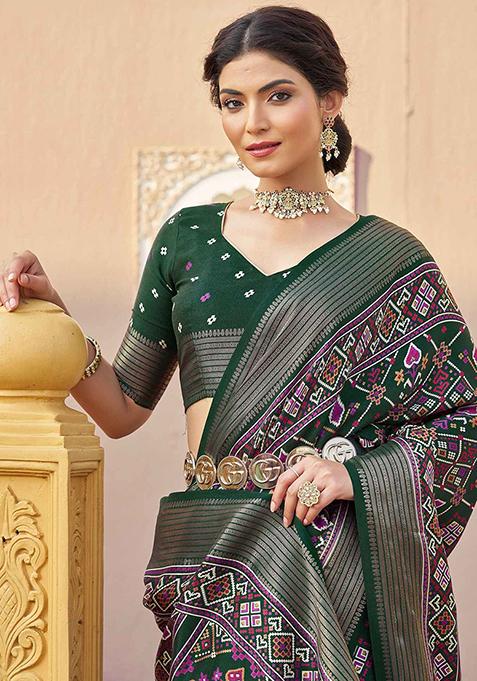 Green Patola Print Silk Saree Set With Belt