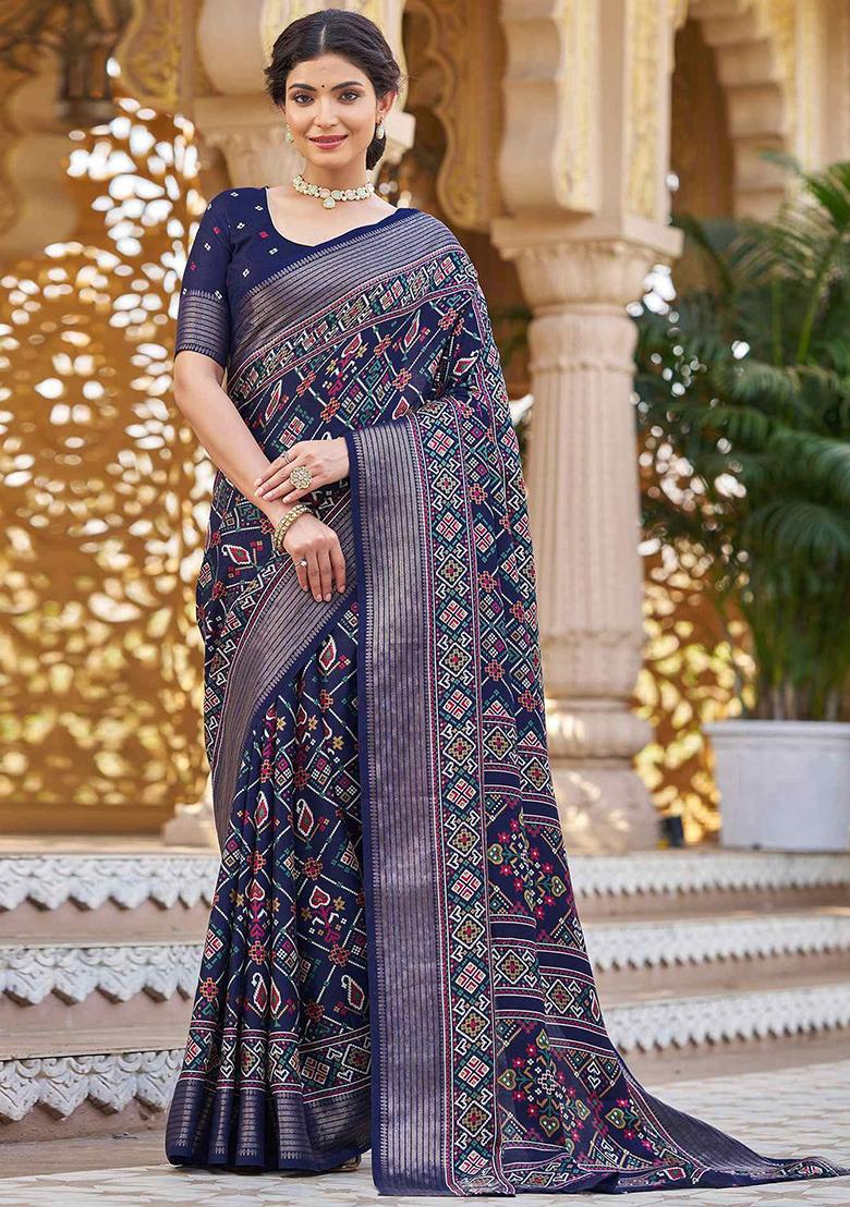 Navy Blue Patola Print Silk Saree Set With Belt