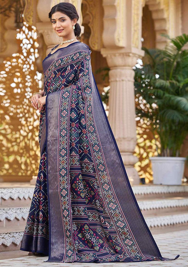 Navy Blue Patola Print Silk Saree Set With Belt