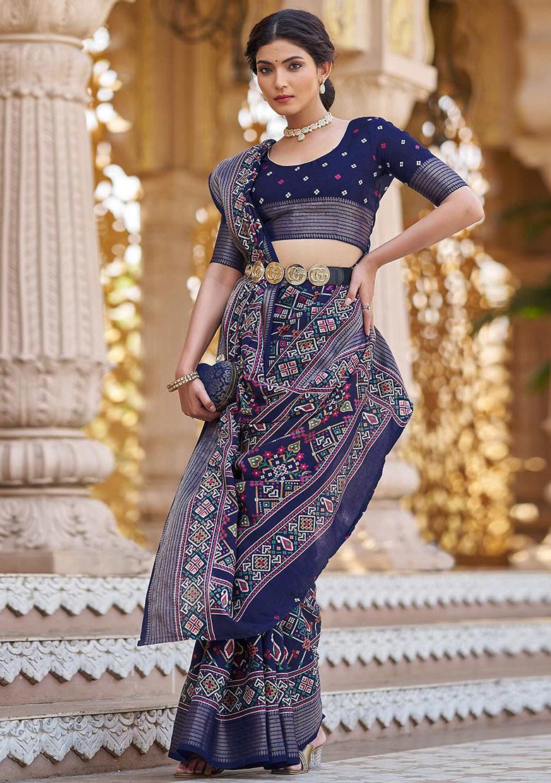 Navy Blue Patola Print Silk Saree Set With Belt