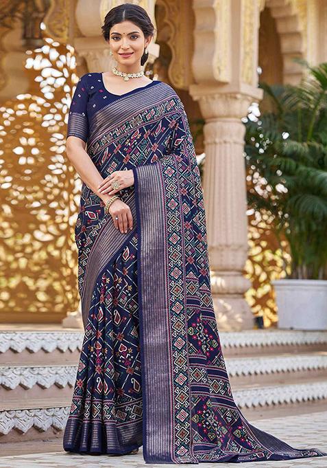 Navy Blue Patola Print Silk Saree Set With Belt