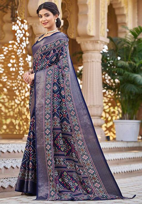 Navy Blue Patola Print Silk Saree Set With Belt