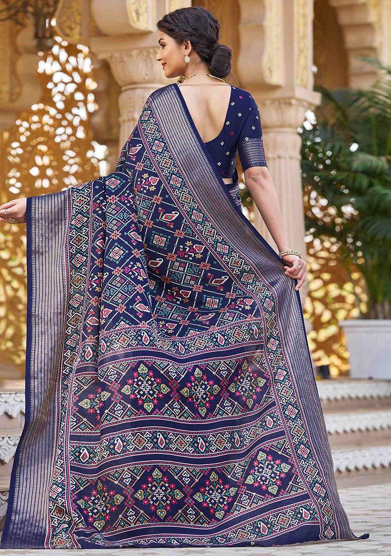 Navy Blue Patola Print Silk Saree Set With Belt