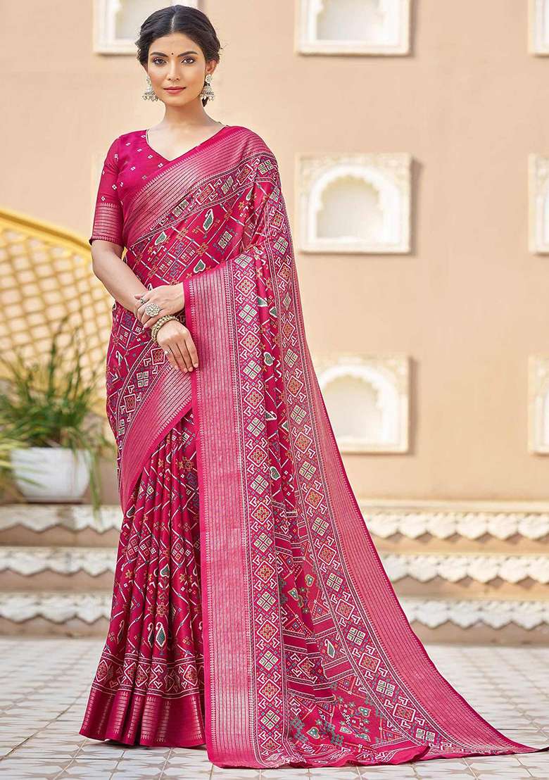 Pink Patola Print Silk Blend Saree Set With Belt - Indya