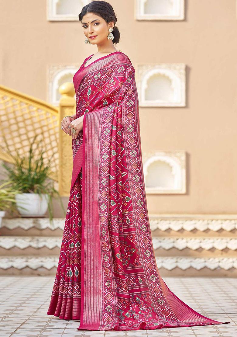 Pink Patola Print Silk Saree Set With Belt