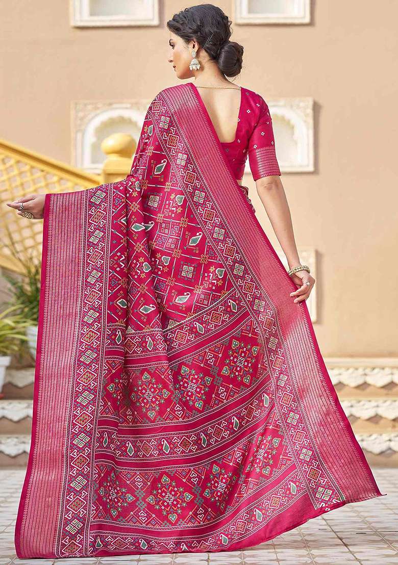 Pink Patola Print Silk Blend Saree Set With Belt - Indya
