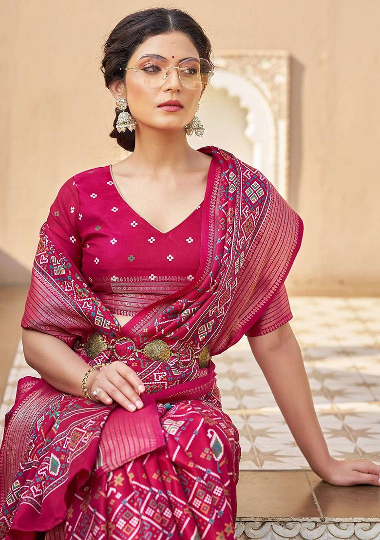 Pink Patola Print Silk Saree Set With Belt