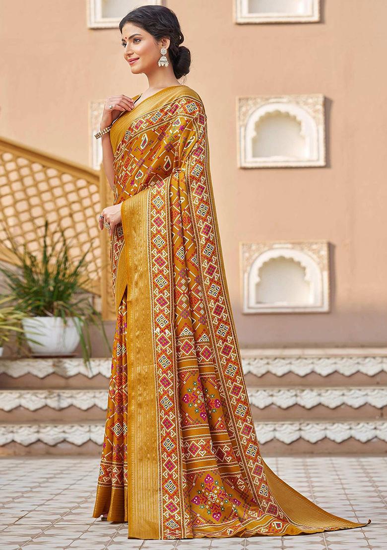 Yellow Patola Print Silk Saree Set With Belt