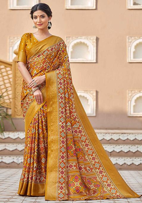Yellow Patola Print Silk Saree Set With Belt