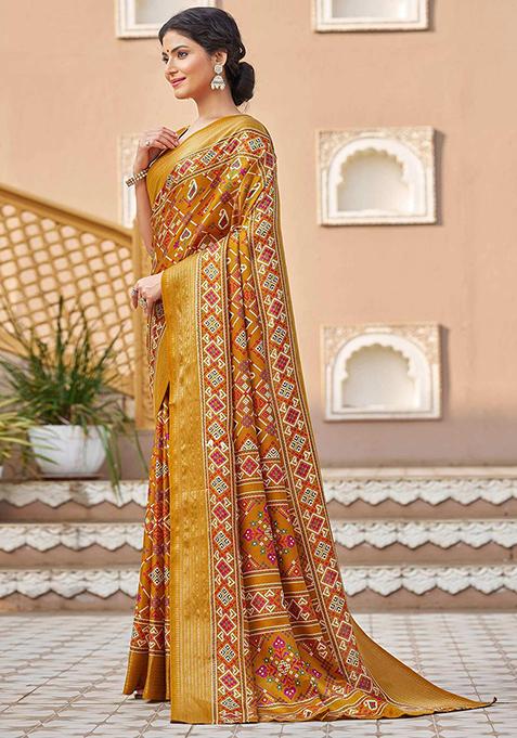 Yellow Patola Print Silk Saree Set With Belt