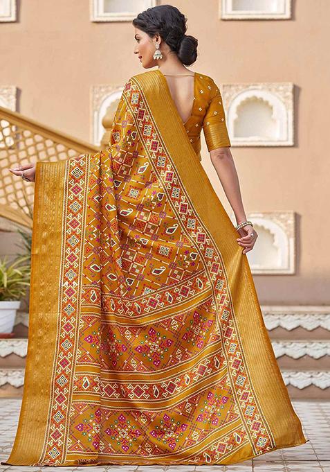 Yellow Patola Print Silk Saree Set With Belt