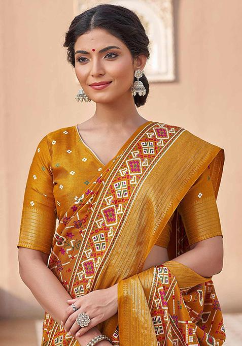 Yellow Patola Print Silk Saree Set With Belt