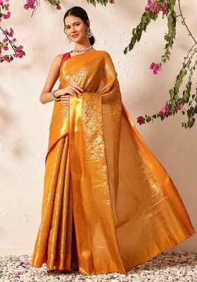 Mustard Yellow Embroidered Soft Silk Saree Set
