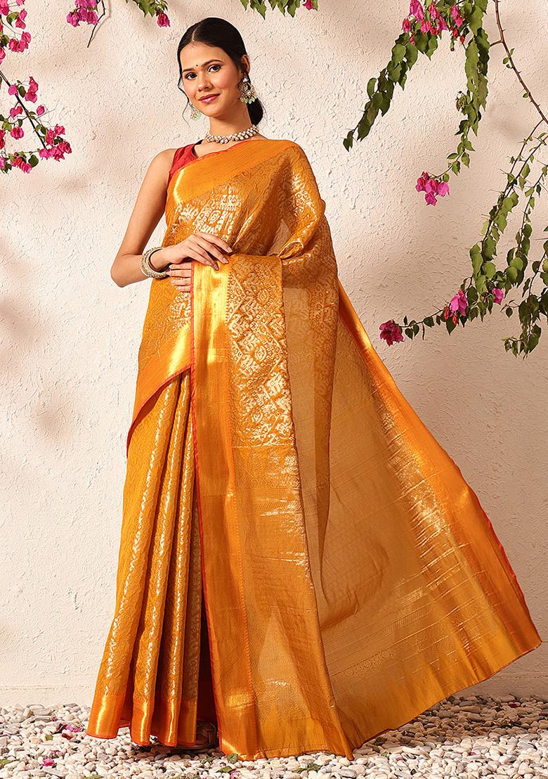 Mustard Yellow Embroidered Soft Silk Saree Set