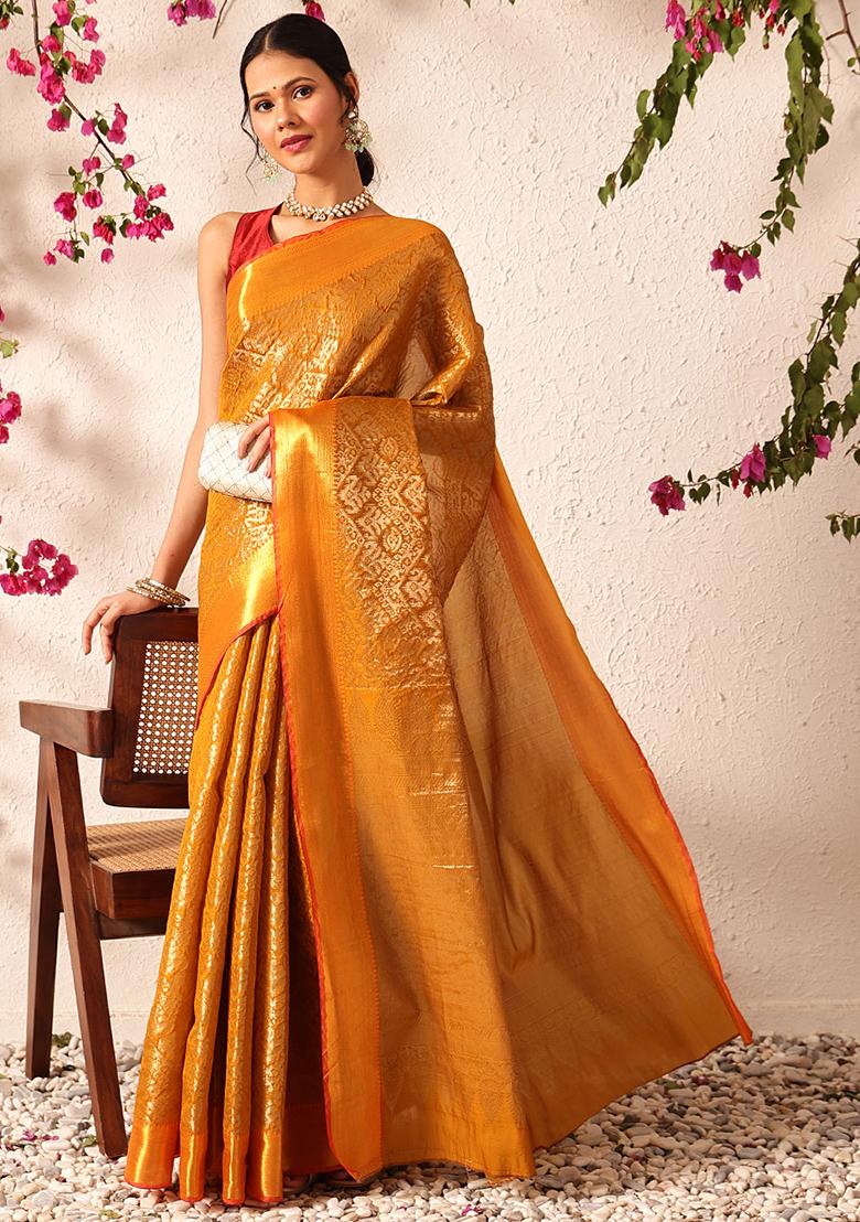 Mustard Yellow Embroidered Soft Silk Saree Set