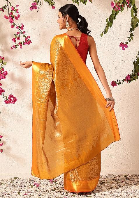 Mustard Yellow Embroidered Soft Silk Saree Set