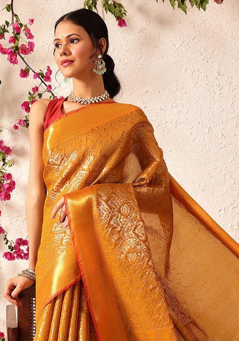 Mustard Yellow Embroidered Soft Silk Saree Set