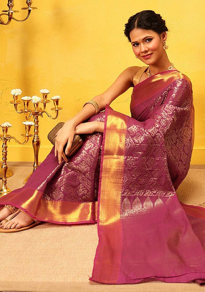 Pink Embroidered Soft Silk Saree Set - Indya
