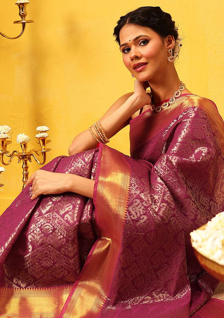 Pink Embroidered Soft Silk Saree Set - Indya