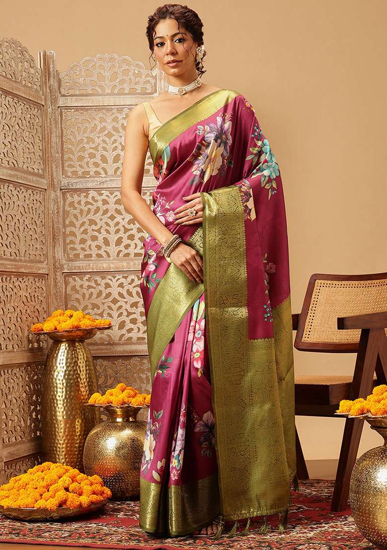 Pink Embroidered Soft Silk Saree Set - Indya