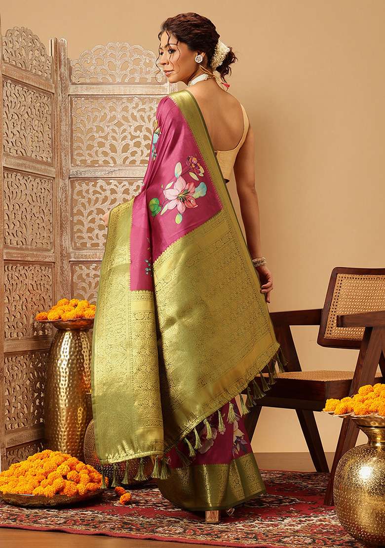 Pink Embroidered Soft Silk Saree Set - Indya