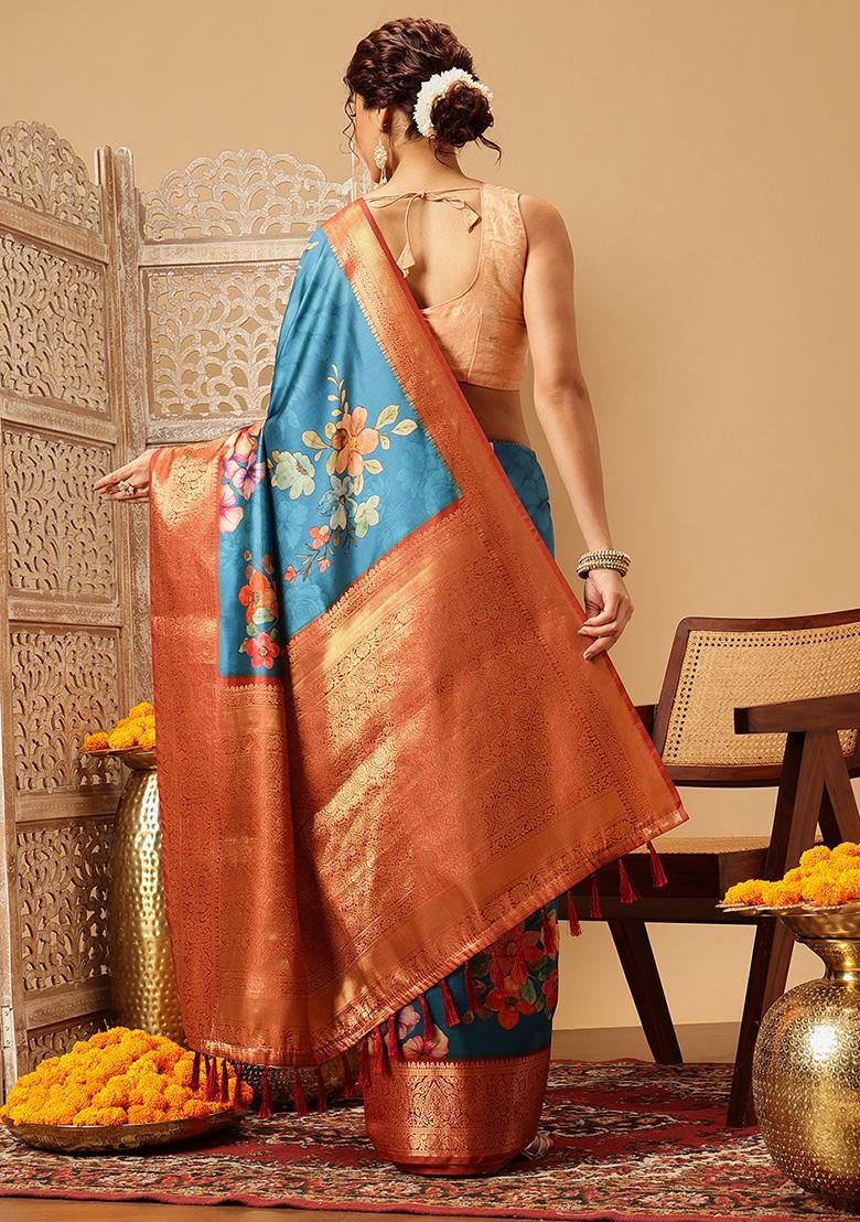 Teal Blue Embroidered Soft Silk Saree Set