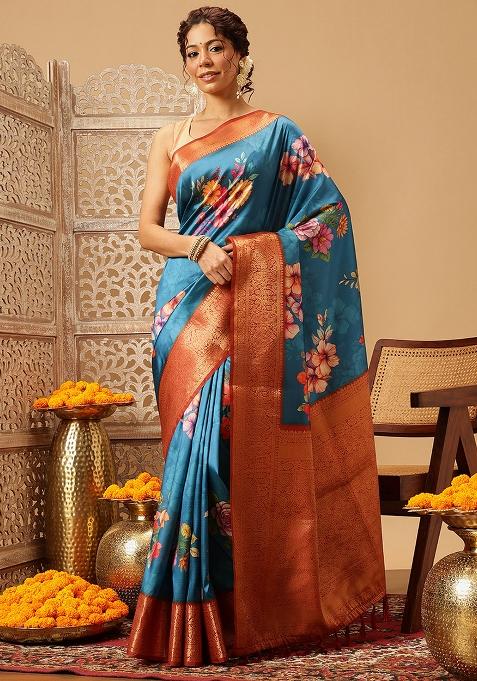 Teal Blue Embroidered Soft Silk Saree Set