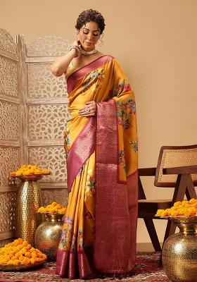 Mustard Yellow Embroidered Soft Silk Saree Set