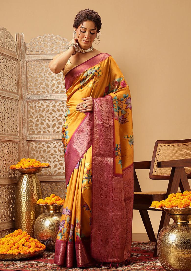 Mustard Yellow Embroidered Soft Silk Saree Set