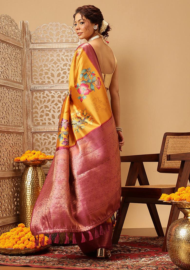 Mustard Yellow Embroidered Soft Silk Saree Set