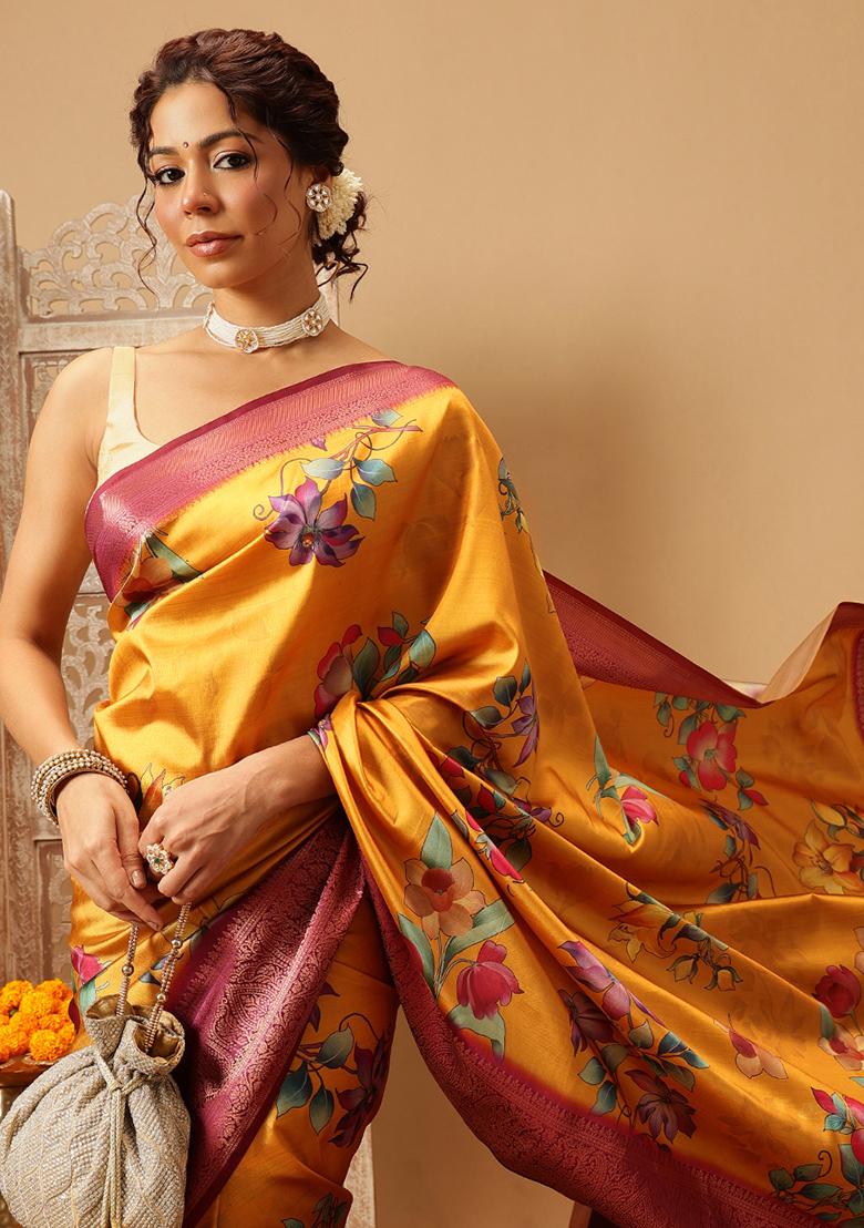 Mustard Yellow Embroidered Soft Silk Saree Set