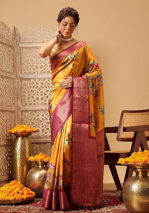 Mustard Yellow Embroidered Soft Silk Saree Set