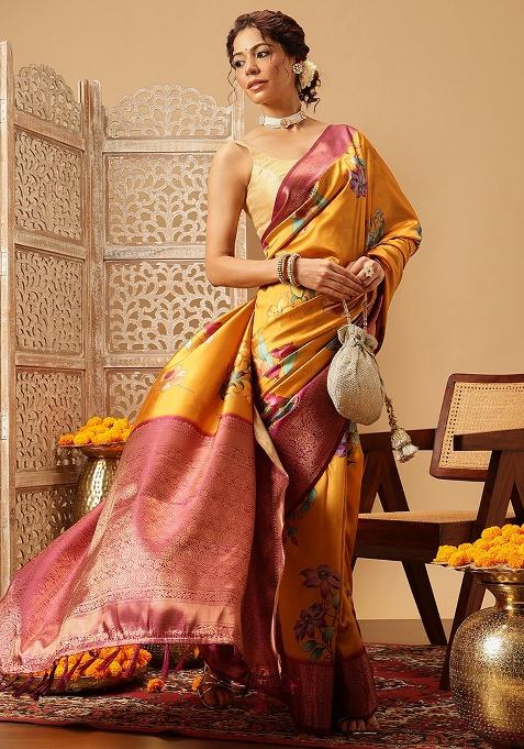 Mustard Yellow Embroidered Soft Silk Saree Set