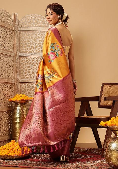 Mustard Yellow Embroidered Soft Silk Saree Set