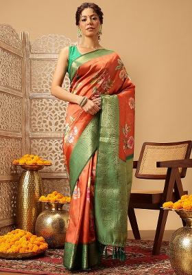 Orange Embroidered Soft Silk Saree Set