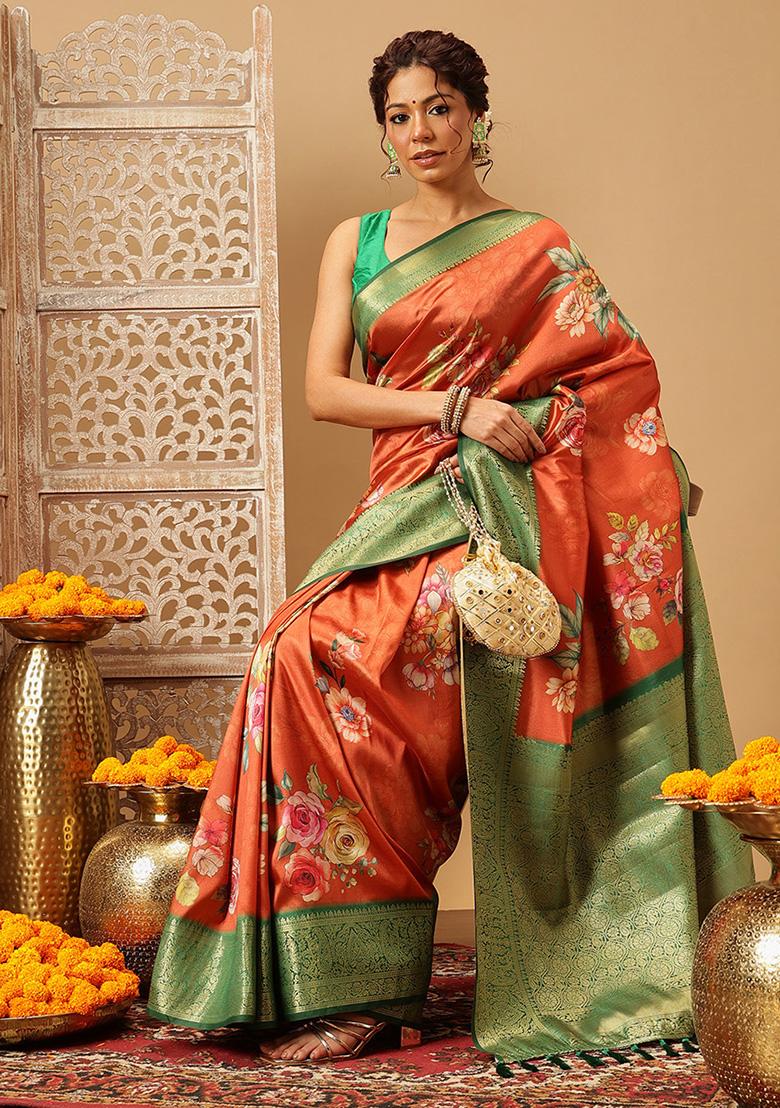 Orange Embroidered Soft Silk Saree Set
