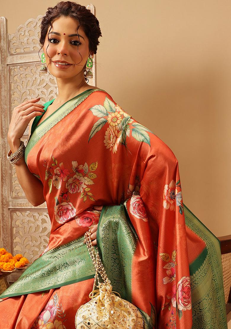 Orange Embroidered Soft Silk Saree Set