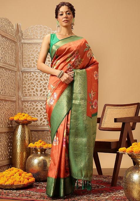 Orange Embroidered Soft Silk Saree Set