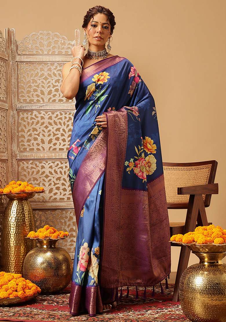 Navy Blue Embroidered Soft Silk Saree Set - Indya