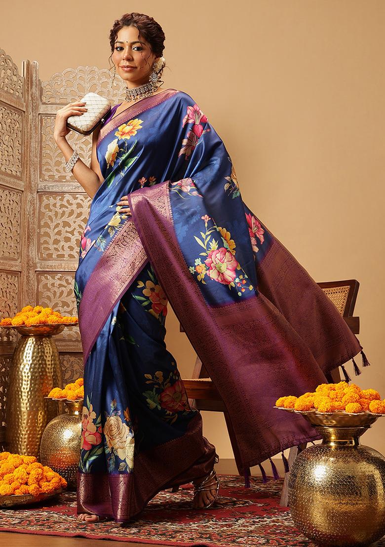 Navy Blue Embroidered Soft Silk Saree Set