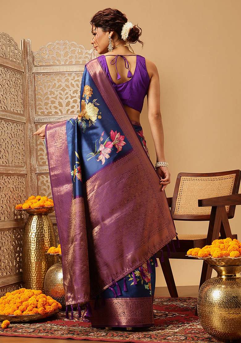 Navy Blue Embroidered Soft Silk Saree Set - Indya