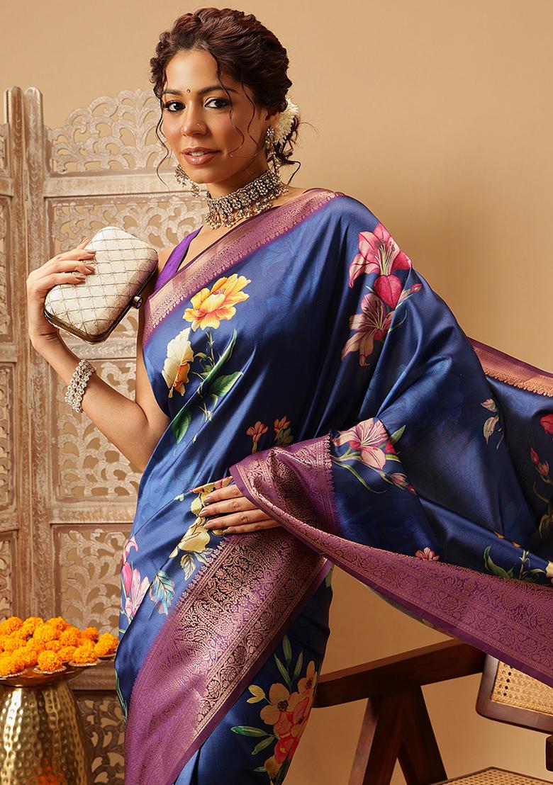 Navy Blue Embroidered Soft Silk Saree Set