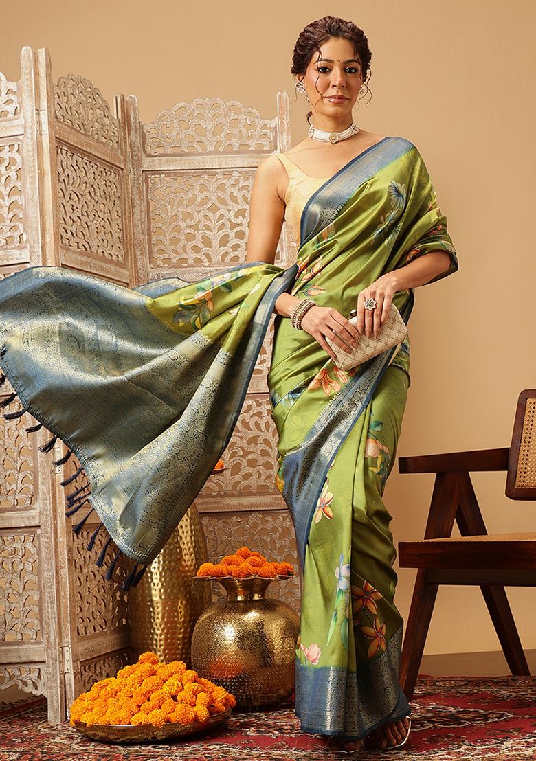 Green Embroidered Soft Silk Saree Set
