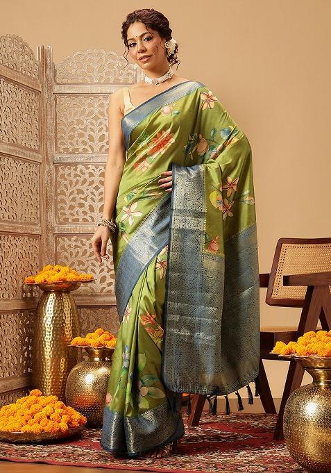 Green Embroidered Soft Silk Saree Set