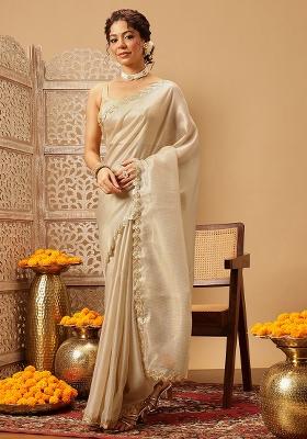 Beige Embroidered Muga Silk Saree Set