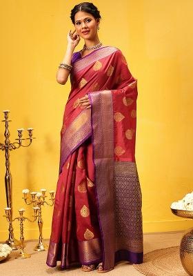Red Embroidered Kanjivaram Silk Saree Set