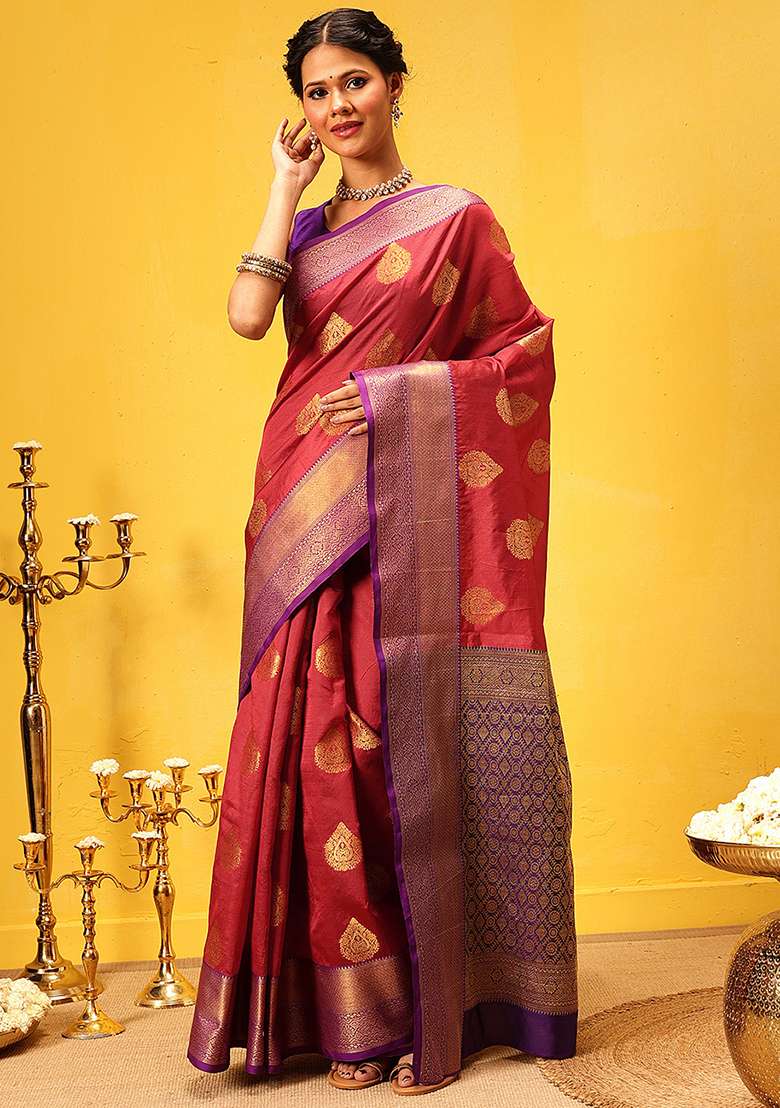 Red Embroidered Kanjivaram Silk Saree Set - Indya