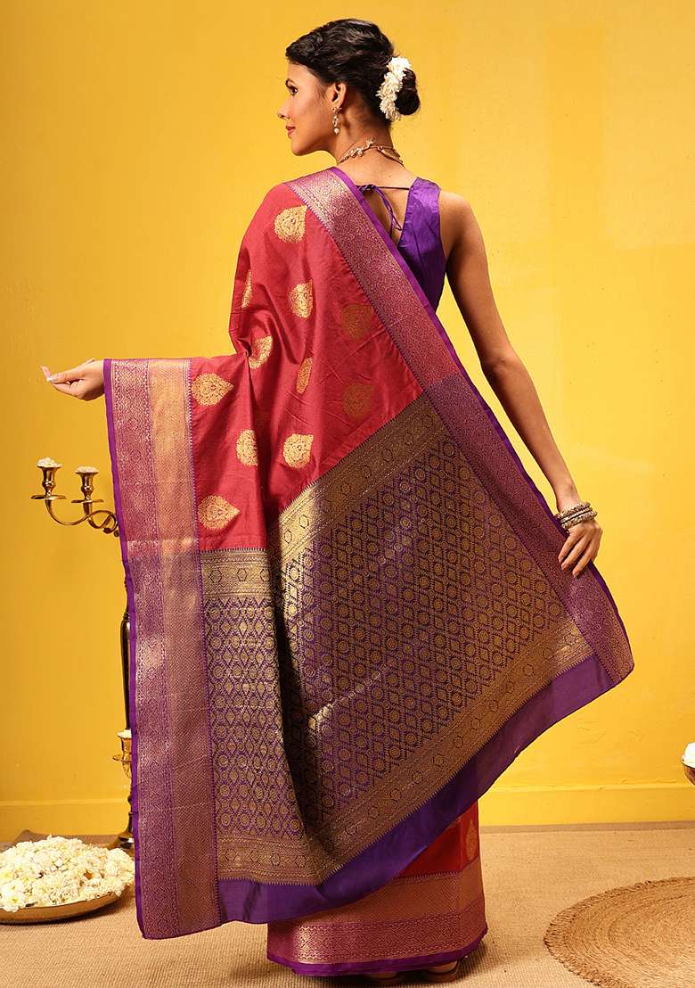 Red Embroidered Kanjivaram Silk Saree Set - Indya